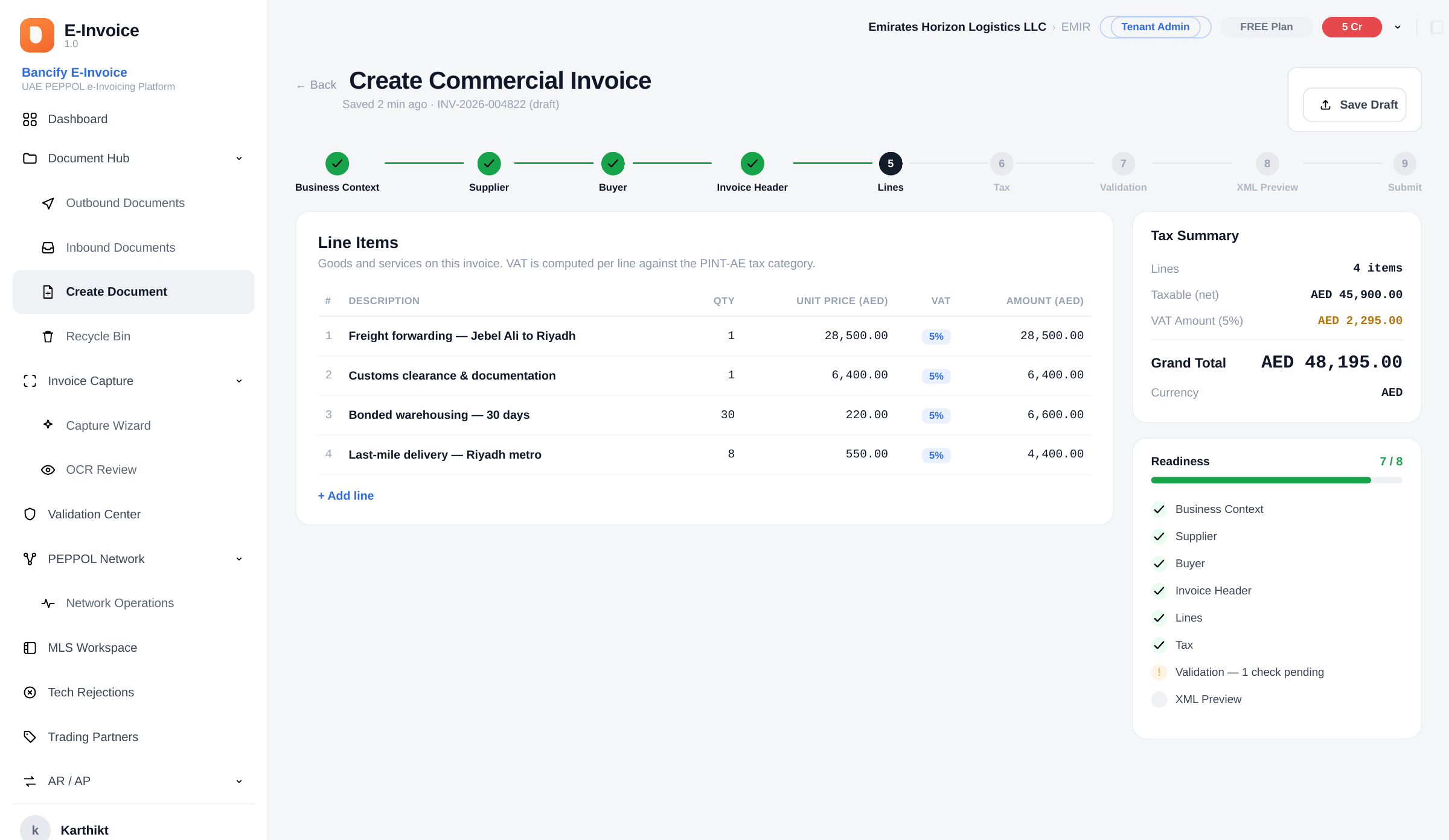 Create commercial invoice wizard on the Lines step, with line items, VAT and a running grand total