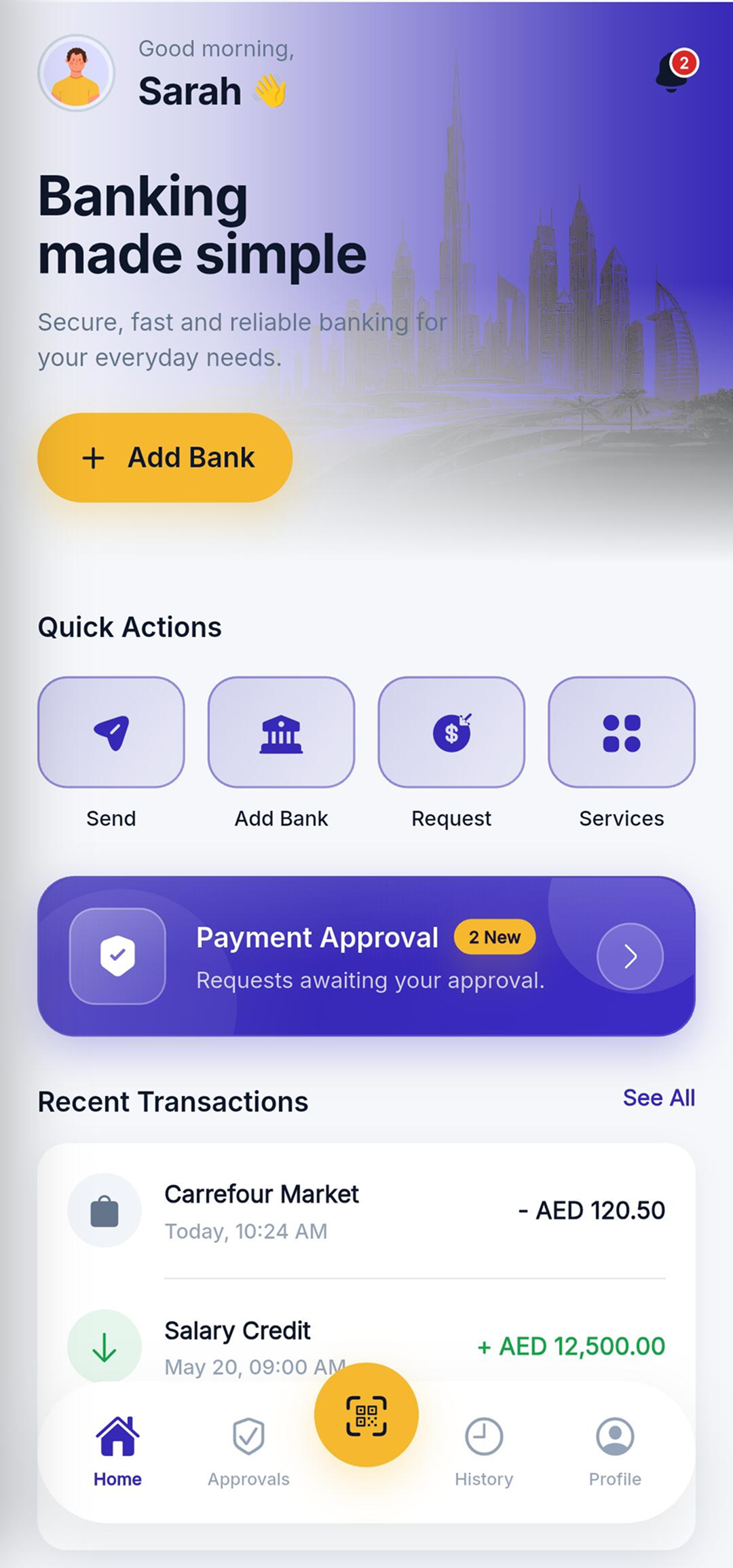 Bancify Open Finance app dashboard: balances, quick actions to send, request and add a bank, and recent transactions