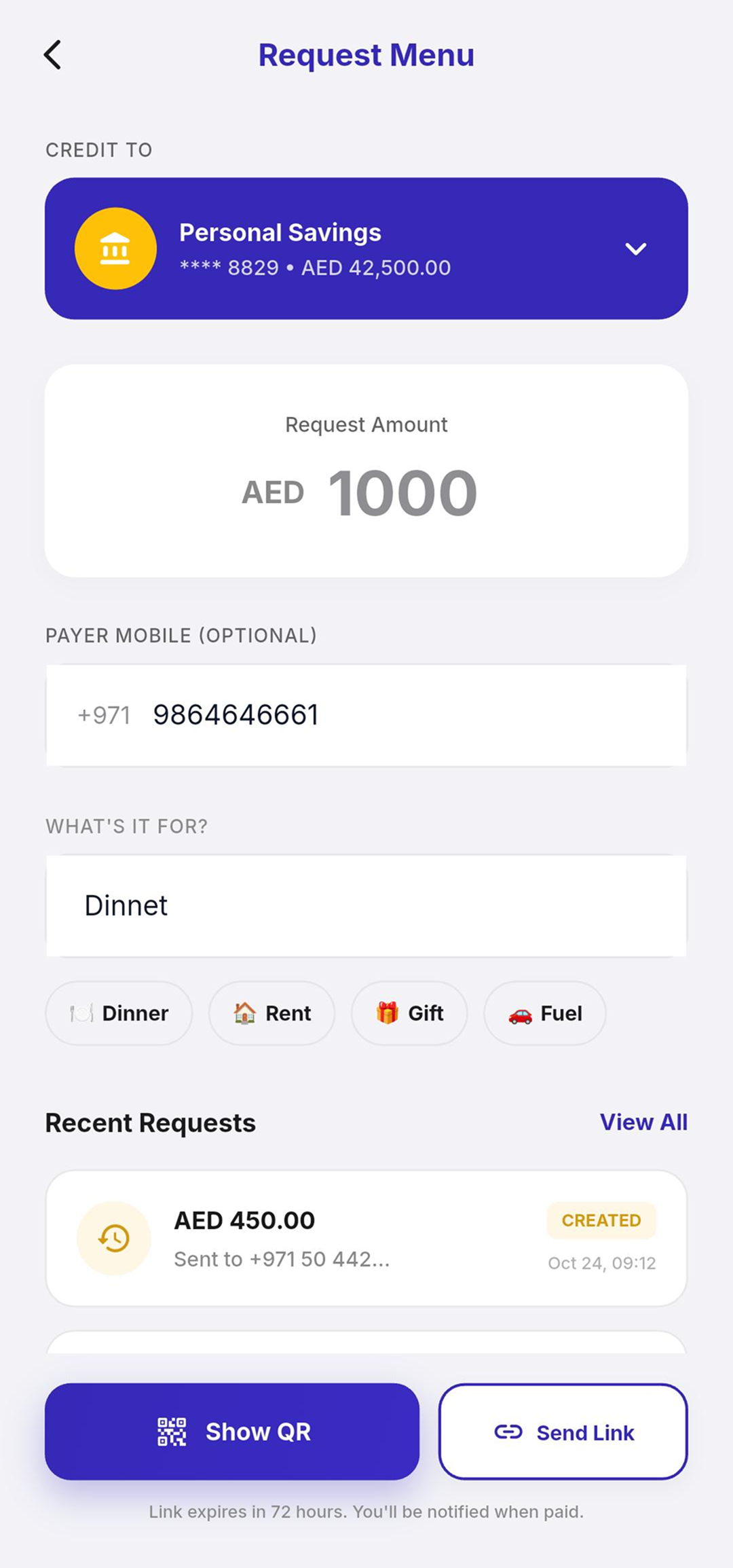Request Money app screen: request an amount to a savings account with a reason and shareable link or QR