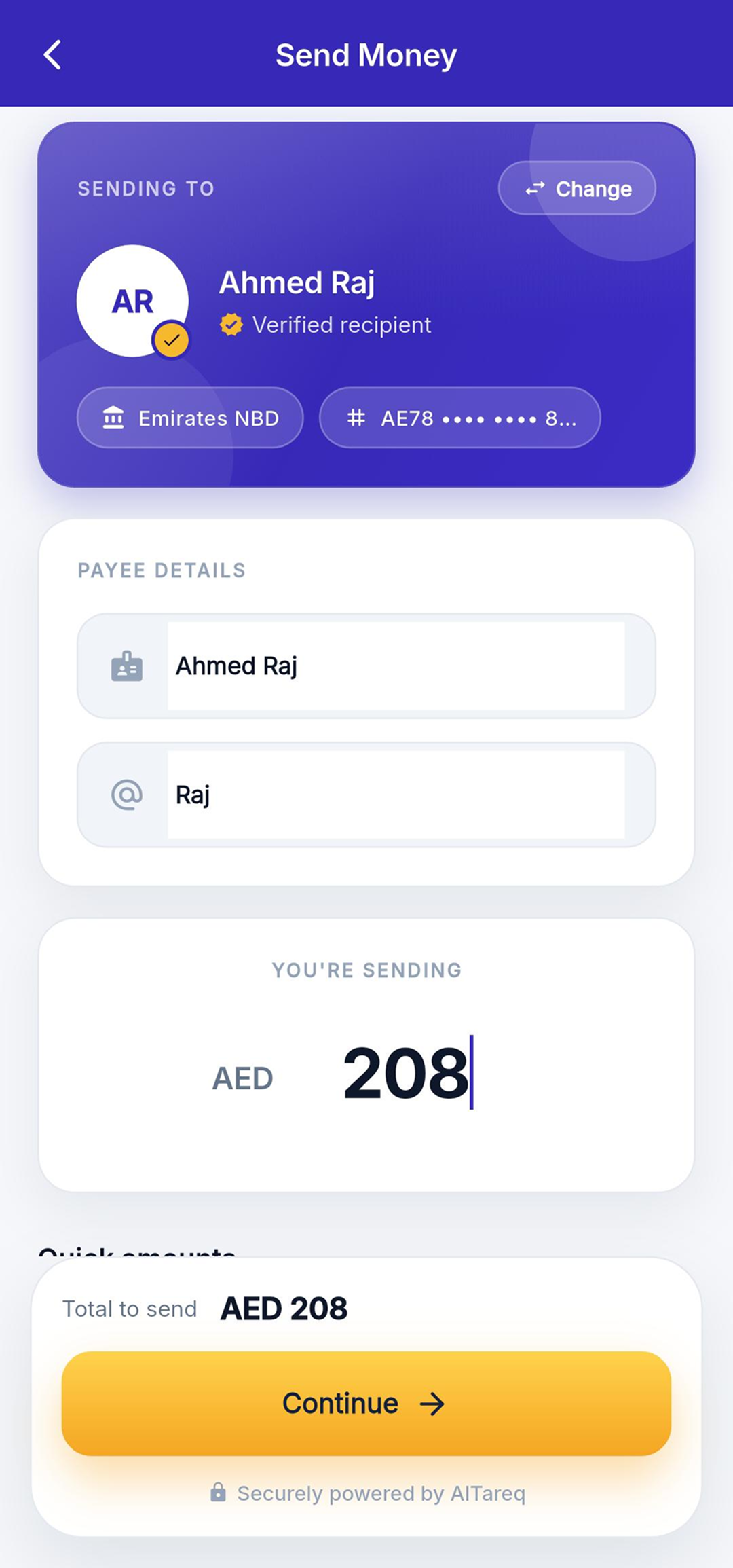 Instant Payment app screen: send money to a verified recipient straight from the bank, with amount and payee details