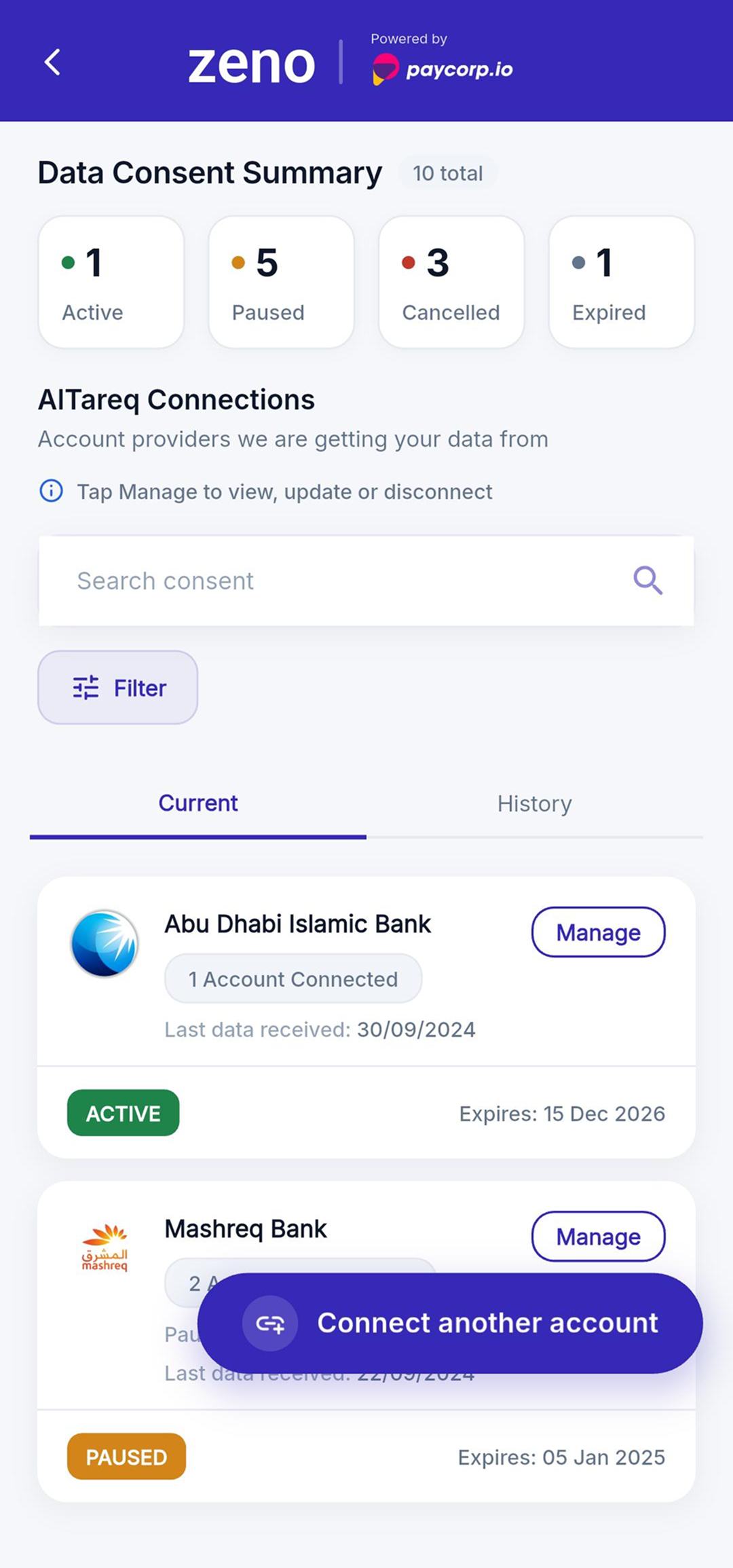 Consent Management app screen: data consent summary with active, paused and expired connections to account providers
