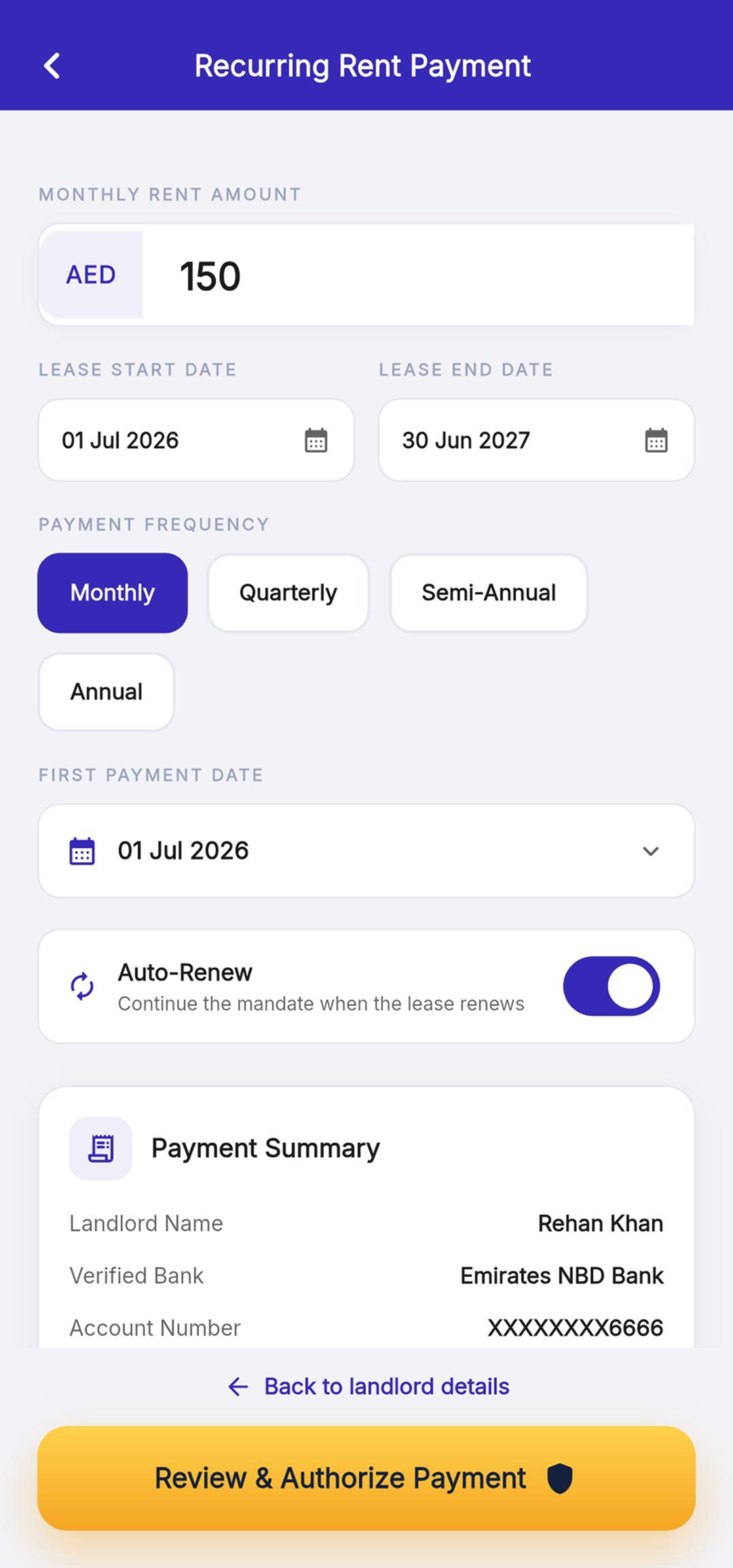 Recurring Payment app screen: recurring rent mandate with amount, lease dates, frequency and auto-renew