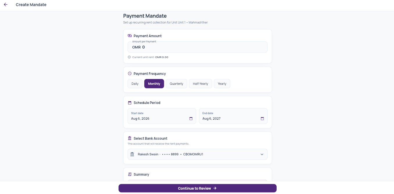 Create a rent payment mandate: amount, frequency, schedule and bank account