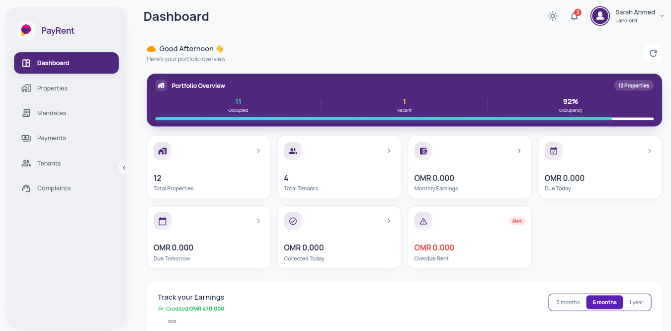 Rental Collection landlord dashboard: portfolio overview, occupancy, collected and overdue, and monthly earnings