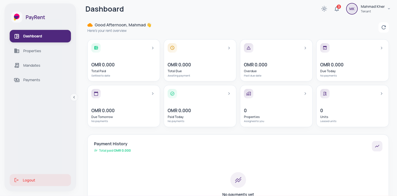 Rental Collection tenant dashboard: rent due, paid and payment history